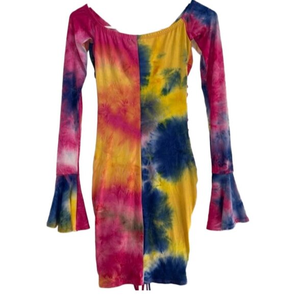 NWT Tie Dye Ruched Off Shoulder Bell Sleeve Bodycon Mini Dress S Festival - Picture 3 of 10
